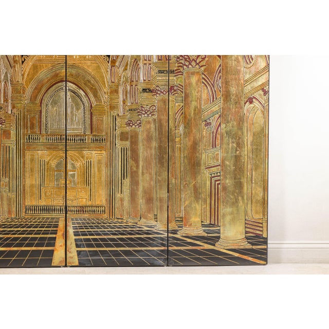 Renaissance-Inspired 4-Panel Gilded Screen with Raised Architectural Design For Sale - Image 10 of 12