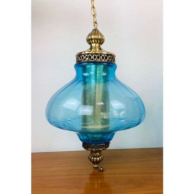 Vintage 1970s Aqua Blue & Brass Hanging Pendant Lamp hollywood regency style aqua blue glass with brass accents on/off...