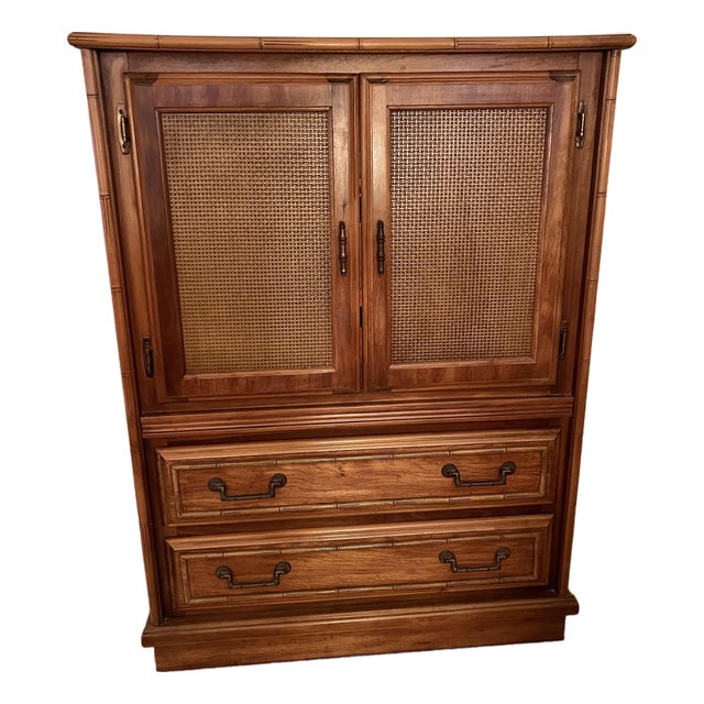 Vintage Mid Century Faux Bamboo and Cane Coastal Armoire. For Sale