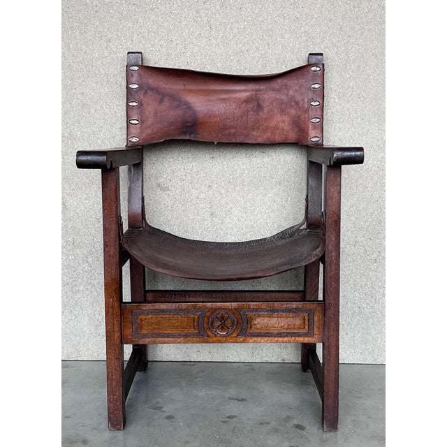 Pair of 19th Century Spanish Colonial Style Carved Armchairs with Leather For Sale - Image 16 of 18