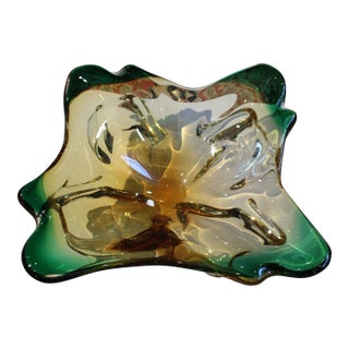 Mid 20th Century Murano-Attributed Green & Amber Glass Centerpiece or Catchall For Sale