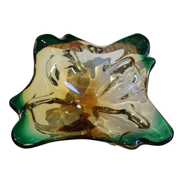 Mid 20th Century Murano-Attributed Green & Amber Glass Centerpiece or Catchall For Sale