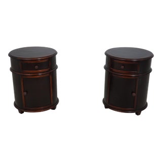 Pair of Mahogany Leather Wrapped Round End Tables For Sale