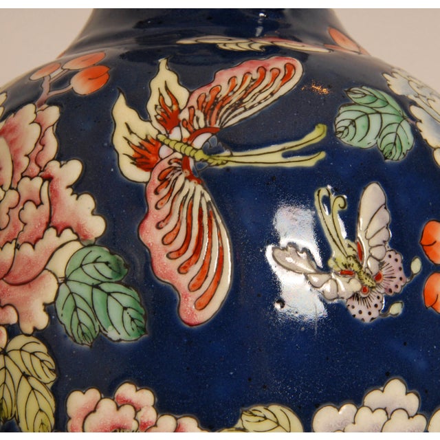 Vintage Famille Rose Vase Lamps Chinese Porcelain Blue Fond Table Lamps - a Pair For Sale - Image 13 of 14
