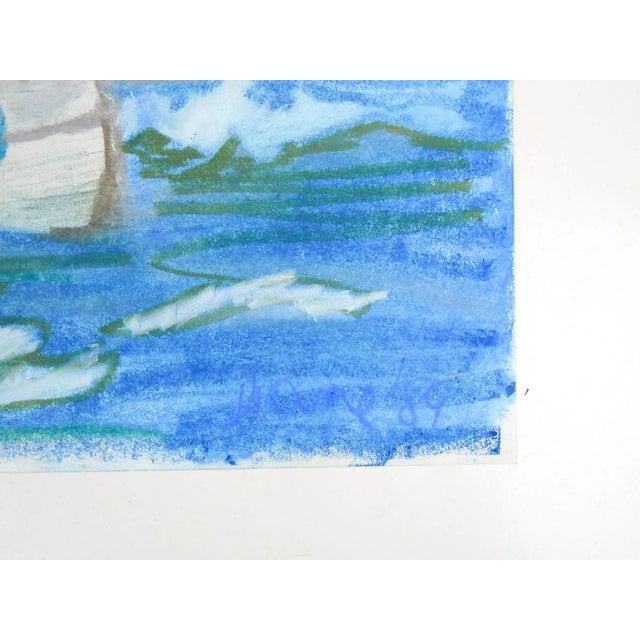 Vintage 1989 oil pastel on paper painting of a sailboat and crew. Signed illegibly and dated lower right corner. Unframed,...