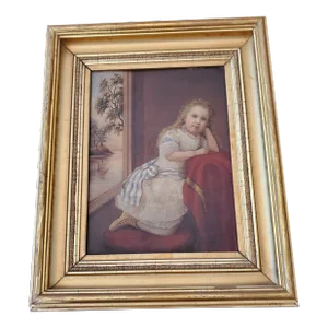 Early 19th Century Antique Americana Painting of a Little Girl Gold Leaf Frame