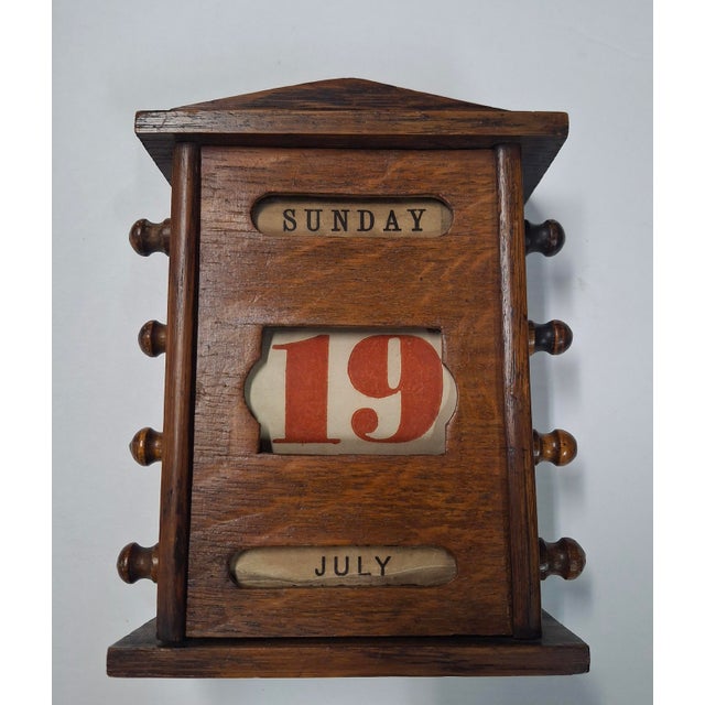 Wood Antique Wooden Scrolling Desk Calendar Keeps Time Perpetually For Sale - Image 7 of 7