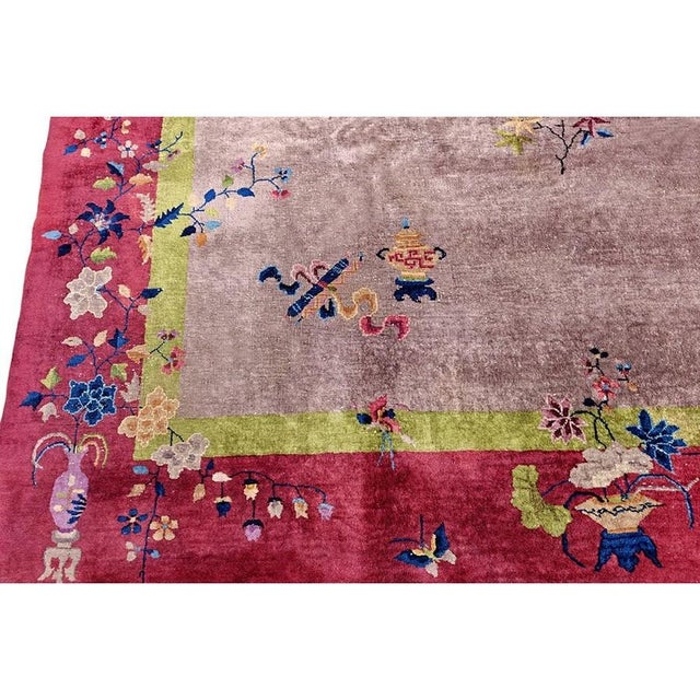 Light Purple Antique Floral Room Size Chinese Art Deco Wool Rug 9' 2" X 11' 8" For Sale - Image 9 of 9