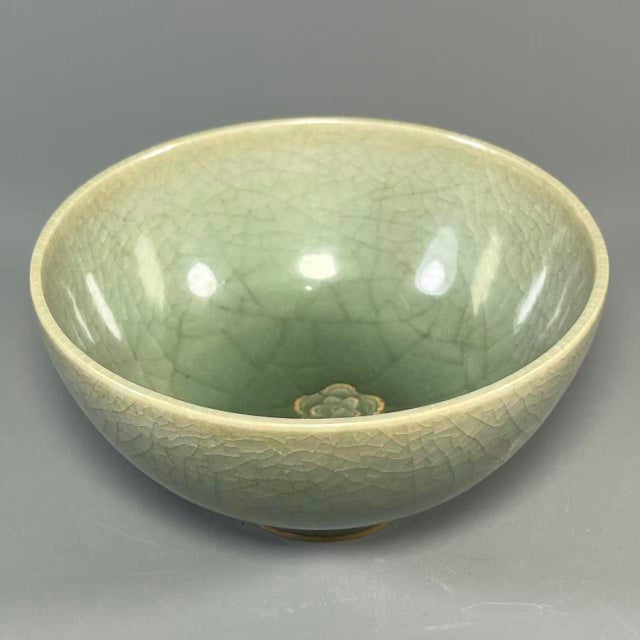 Chinese Antique Chinese Longquan Celadon Crackle Porcelain Bowl, Floral Interior For Sale - Image 3 of 5