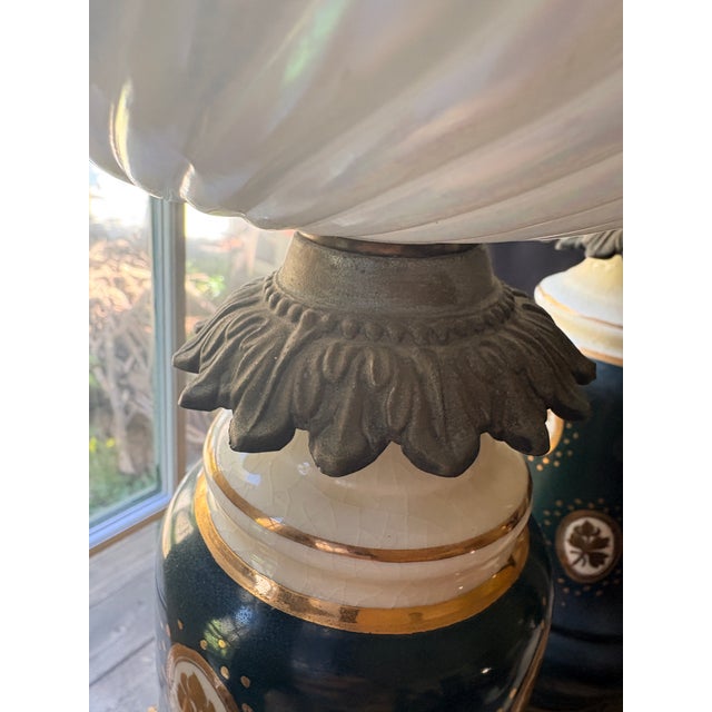 Ceramic Mid 20th Century Hollywood Regency Green Ceramic and Brass Hurricane Table Lamps - a Pair For Sale - Image 7 of 14
