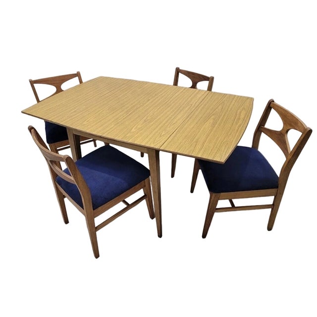 Broyhill Brasilia Mid Century Modern Walnut Drop Leaf Table and 6 Chairs Newly Reupholstered For Sale - Image 4 of 8