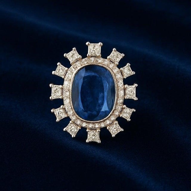 2020s 18k Gold 15.88 Carats Burma Blue Sapphire and Princess Diamond Cocktail Ring, Size 6 For Sale - Image 5 of 6