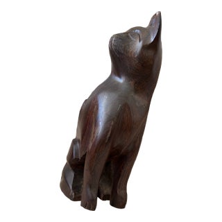 Hand-Carved Wooden Cat Figurine For Sale