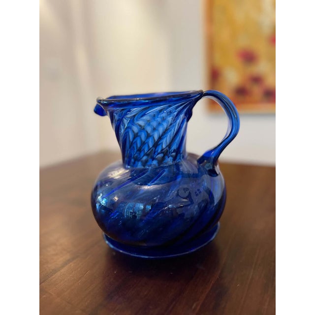 Glass Vintage Hand-Blown Cobalt Blue Glass Pitcher With Matching Saucer For Sale - Image 7 of 9