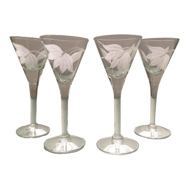 Late 20th Century Floral Frosted Glass Liqueur Glasses- Set of 4 For Sale