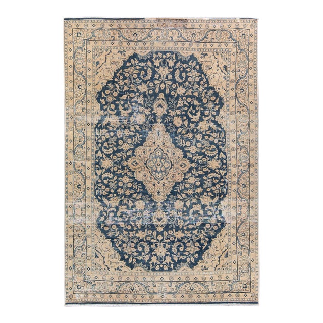 Vintage Persian Handmade Wool Rug in Blue With Rosette Motif For Sale