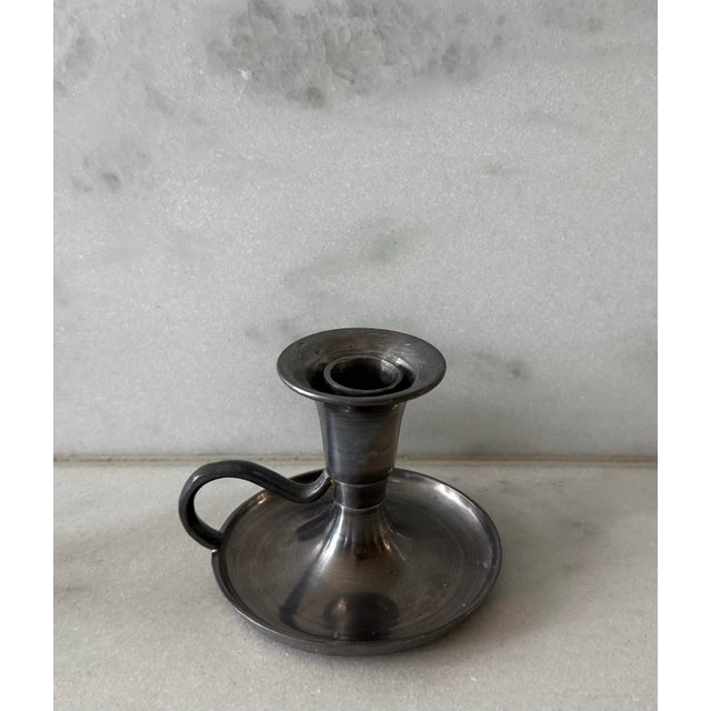 Pair of Vintage Pewter Chamberstick Candle Holders For Sale - Image 4 of 9
