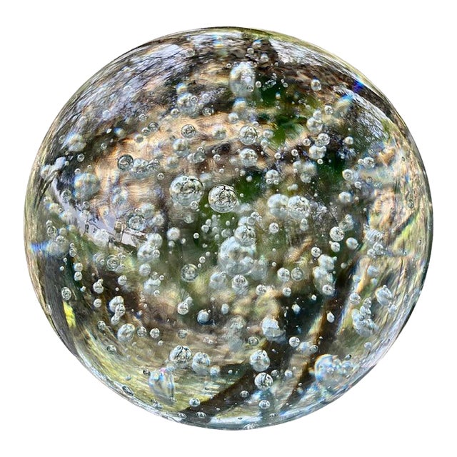 Italian Murano Internal Bubble Spherical Paper Weight, Clear Glass For Sale