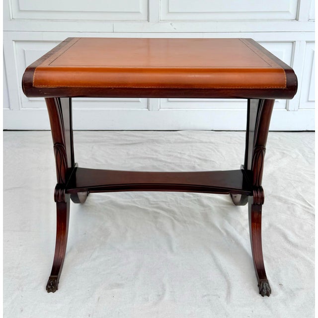 Art Deco Scroll Top Embossed Leather Mahogany Side Table For Sale - Image 4 of 12