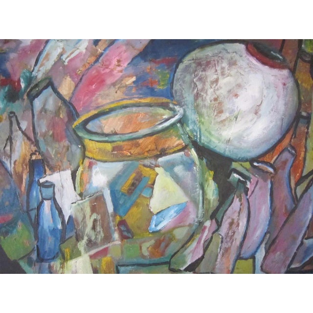 Vibrant oil on canvas Mid Century Painting of pots. Framed in a simple, shadow box frame. Vibrant colors of blue, green...