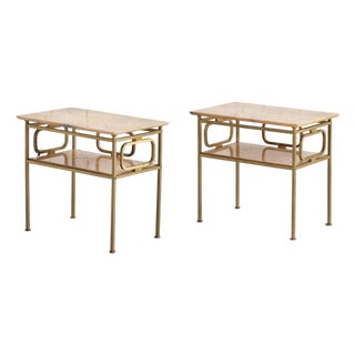 Hammered Brass & Marble End Tables / Nightstands Attributed to Luciano Frigerio, a Pair For Sale