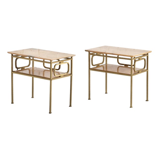 Hammered Brass & Marble End Tables / Nightstands Attributed to Luciano Frigerio, a Pair For Sale