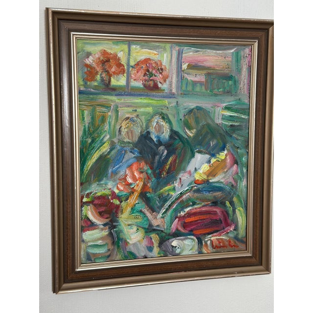 Erik Lo, Interior with Figures, 1960s, Oil on Canvas, Framed For Sale - Image 12 of 17