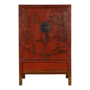 Mid 19th Century Chinese Qing Dynasty Red Lacquer & Hand-Painted Chinoiserie Décor Cabinet