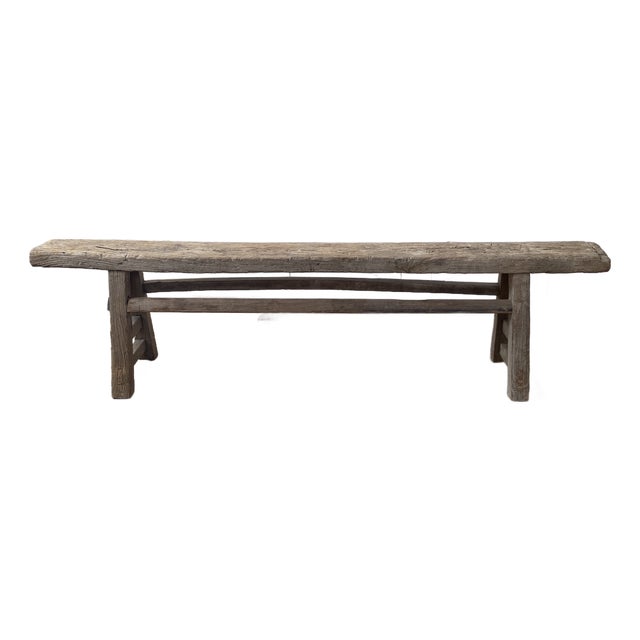 Vintage Rustic Reclaimed Elm Wood Low Bench For Sale