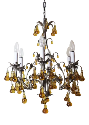 Venetian Six-Light Silver Chandelier with Amber Pear Fruit Murano Glass, 1960s