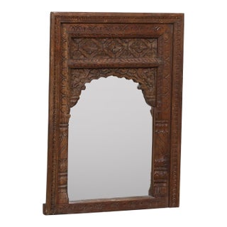 Vintage Indian Teakwood Carved Window Frame Mirror For Sale