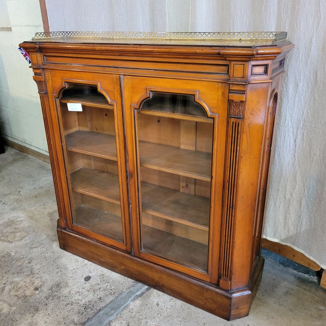 Early 20th Century Early 20th Century Walnut Glazed Door Bookcase With Fluted Pilasters With Brass Gallery Top For Sale - Image 5 of 9