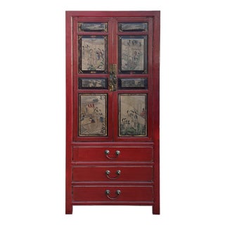 Vintage Oriental Red Beige People Scenery Graphic Storage Cabinet For Sale