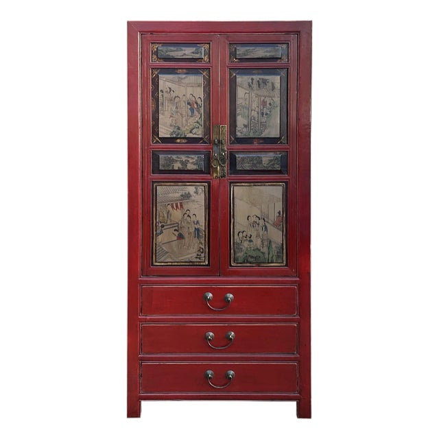 Vintage Oriental Red Beige People Scenery Graphic Storage Cabinet For Sale