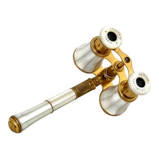 Fine & Unusual Antique Lemaire France Focus Adjusting Telescoping Handle Gold Gilt Brass & Mother of Pearl Opera Glasses For Sale