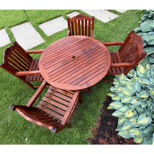 1990s Exceptional Vintage Hand-Carved Estate-Quality 5-Piece Solid Teak Patio Dining Set For Sale - Image 10 of 13