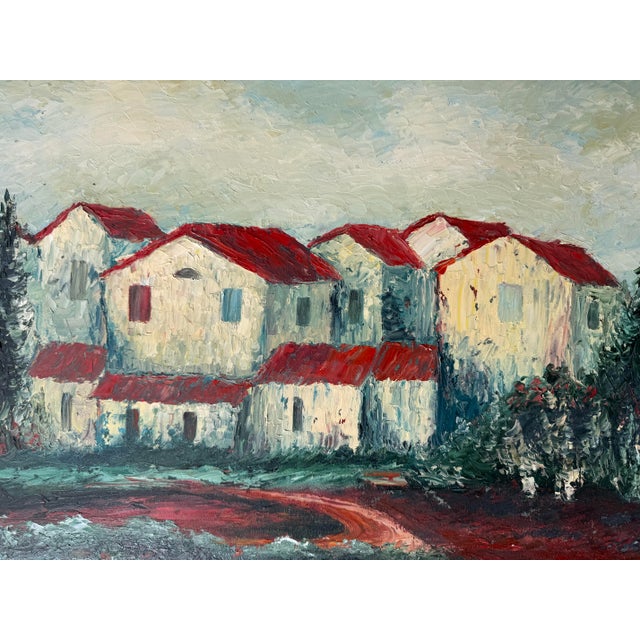 70's Vintage Mediterranean - Village Impressionist Oil Painting, Framed For Sale - Image 9 of 11