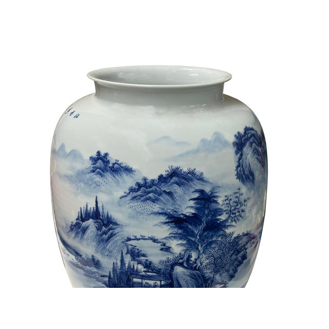 Chinese Blue White Handpaint Mountain Tree Scenery Porcelain Vase For Sale - Image 12 of 14