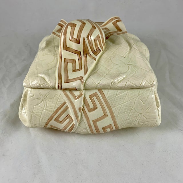 Cream Sarreguemines Majolica Trompe L’Oeil Greek Key Napkin Egg Box Pâté Terrine For Sale - Image 8 of 13