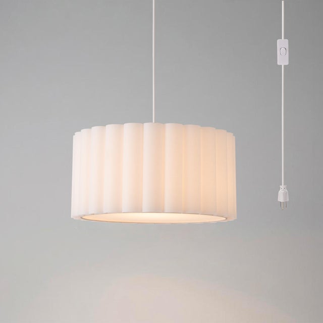 Contemporary Scallop 15"d Swag Kit - Drum White Linen Shade, Satin Nickel Steel Body & Base, Inline Dimmer For Sale - Image 3 of 5