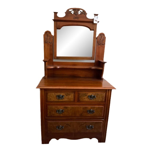Vintage Carved Wood Dresser With Mirror For Sale