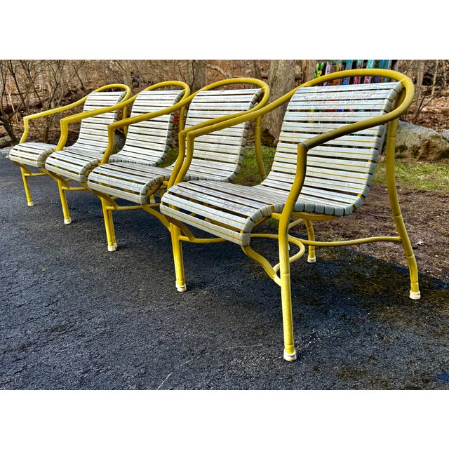 Vintage MCM Yellow Aluminum Patio Chairs Set of 4 White Vinyl Strap Retro For Sale In New York - Image 6 of 8