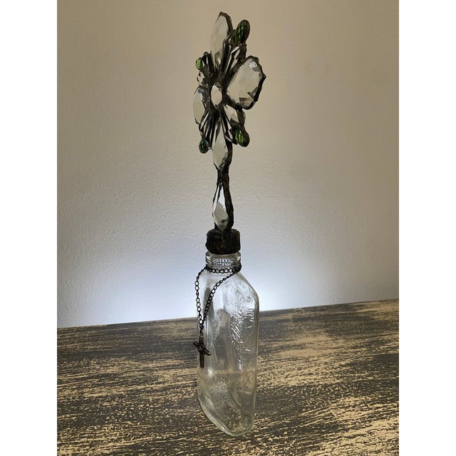 Handmade Crystal Cross Assemblage Sculpture on Embossed Clear Glass Flask For Sale - Image 4 of 7