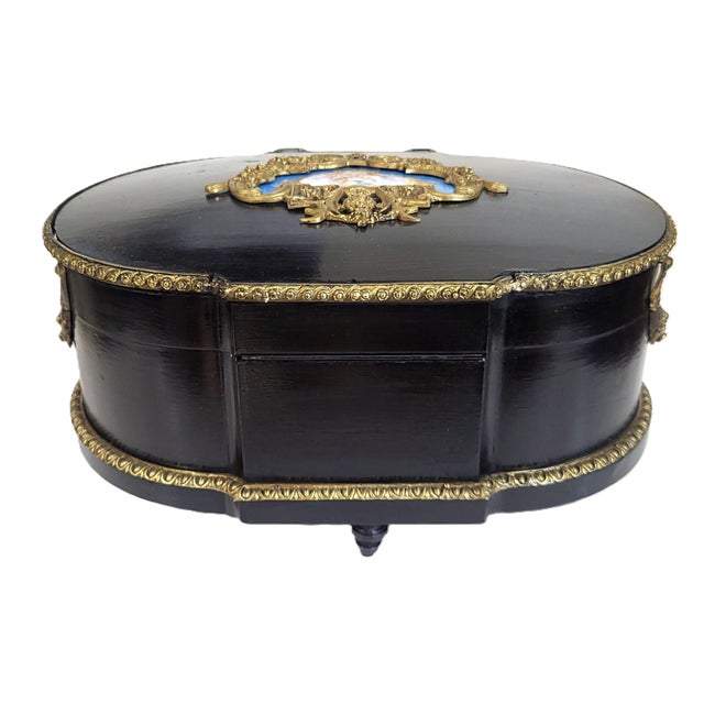 Ebony XXL Antique French Ebony Napoleon III Bronze & Sevres Plaque Vanity Jewelry Box For Sale - Image 8 of 15
