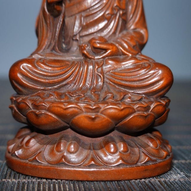 Asian Boxwood Carving of Ksitigarbha Bodhisattva on Lotus For Sale - Image 3 of 9