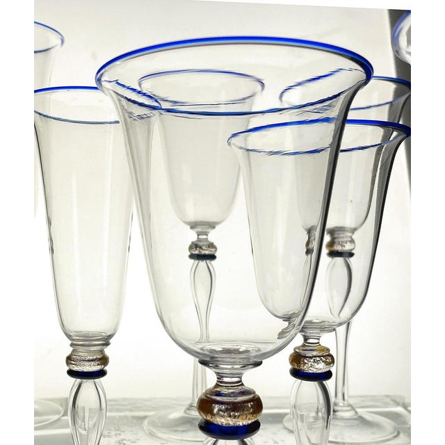 Stemmed Flute Glasses in Murano Glass with Cobalt and Gold Accents by Cenedese, 1980s, Set of 6 For Sale - Image 6 of 18