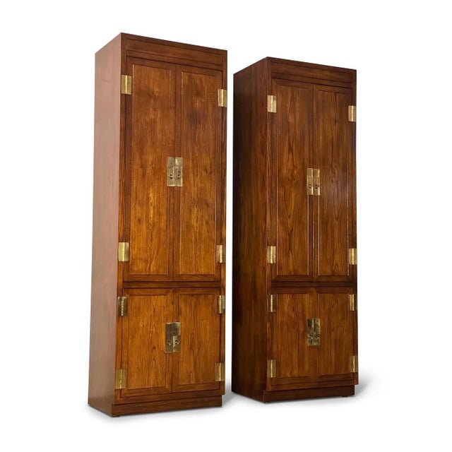 Campaign A Pair of Vintage 1970s Campaign Style Tall Fitted Cabinets by Henredon For Sale - Image 3 of 5