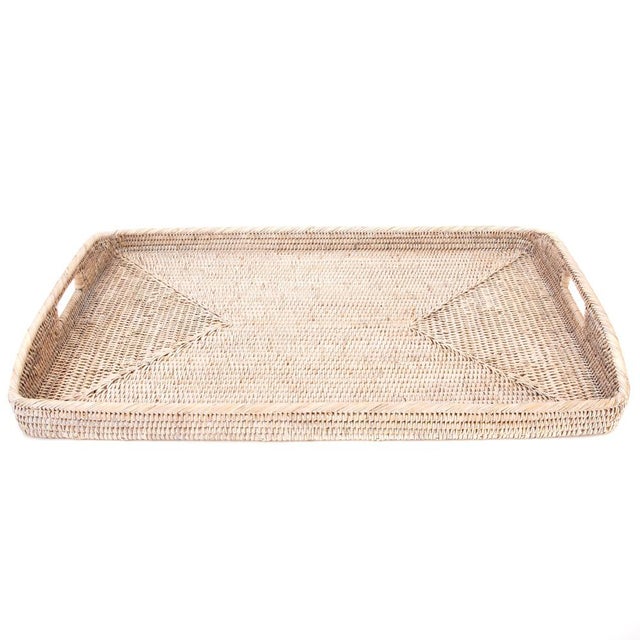 Artifacts Rattan Rectangular Ottoman Tray with High Handles in White Wash - 28" For Sale In Houston - Image 6 of 6