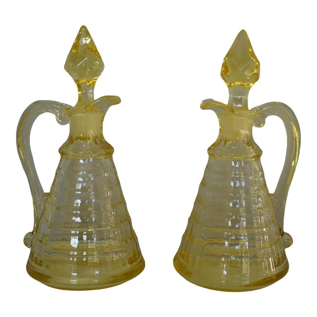 Antique 1900s Hand Blown Cruets, Yellow Vinegar and Oil Bottles With