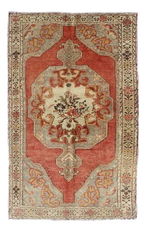 Faded Red Vintage Turkish Oushak Rug With Layered Medallion